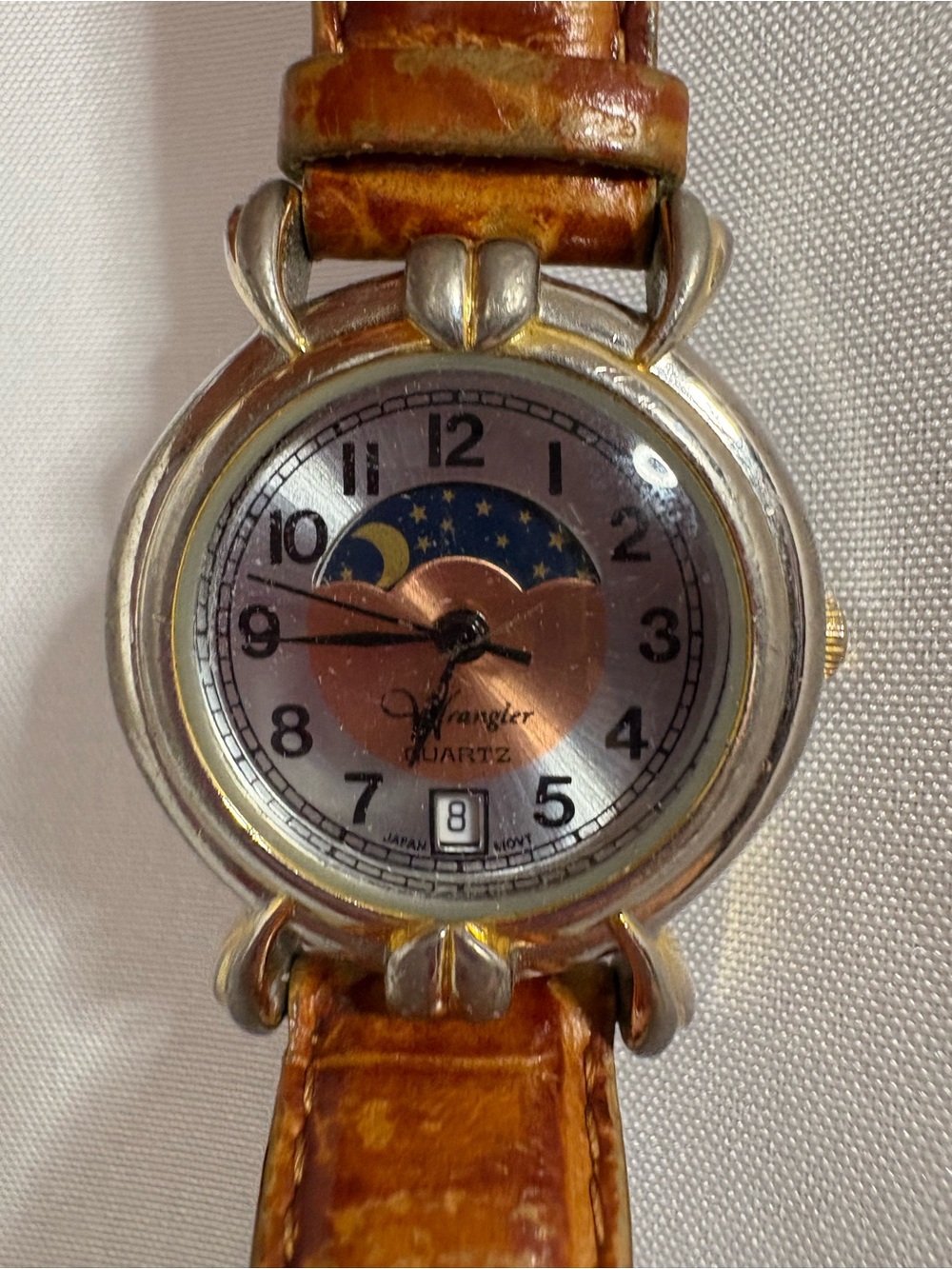 Wrangler Quartz Heart Moon Phase Watch - Brown Leather New Battery Works